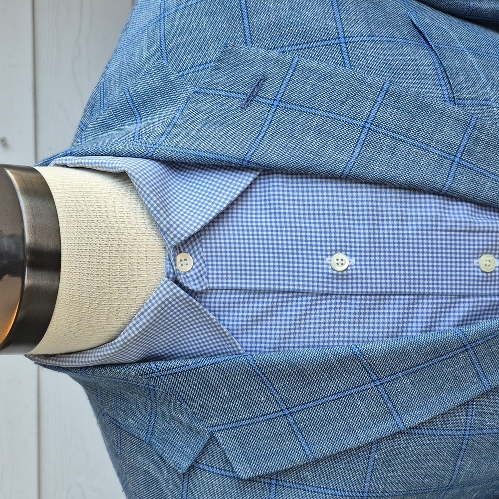 COPPLEY Recent Light Aqua Blue Plaid Super 110s Wool Linen Sz 38‎ L Sport Coat